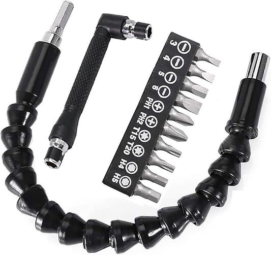 Flexible Drill Bit Extension, Bendable Drill Extension11.6inch, Manual 90째 Right Angle, 1/4 Flexible Extension for Drill, Adaptor Hex Flexible Screwdriver Extension Black (12PCS)