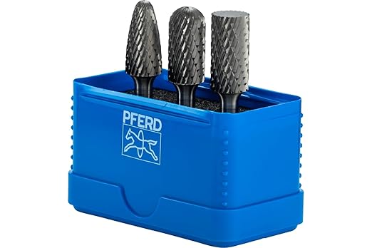 PFERD 3-Piece Carbide Bur Set, Double Cut, 1/4" Shank, Tungsten Carbide Rotary Burrs, for Metal Grinding & Deburring, Includes Plastic Case ??Part 26548