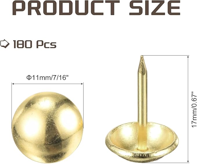 MECCANIXITY Upholstery Tacks for Furniture, 7/16 Inch (11 x 17mm) Metal Round Gold Thumb Tacks for Wall Decorative Upholstery Nails DIY Project Home Decor, Pack of 180