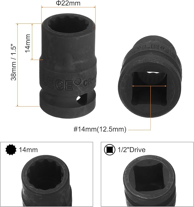 uxcell 1/2" Drive x 14mm Shallow Impact Socket 12-Point Metric CR-MO Steel Nut Impact Grade Socket for Auto Repair
