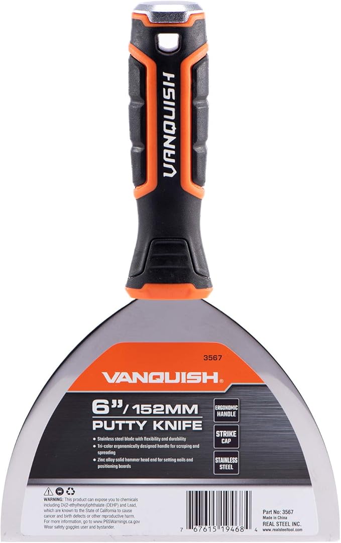 VANQUISH Stainless Steel Putty Knife Scraper with Soft Grip Handle and Metal Hammer End - 6 Inch (3567)