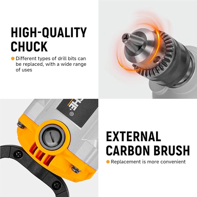 Hoteche 9.2-Amp Electric Drill, 5/8-Inch Chuck with Spade Handle & Extra Side Handle