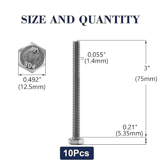 5/16-18 x 3" Hex Head Screw Bolt, 10Pcs 18-8 (304) Stainless Steel, Fully Threaded, Plain Finish, by SG TZH