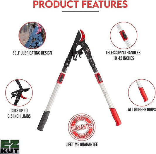 EZ Kut Tree Trimming Combo Kit ??Includes 42" Extendable Ratcheting Lopper + Sling Pak Sheath + Bonus Replacement Blade ??Heavy Duty Garden Tools Set, Pruning Shears for Thick Branches (Green Pack)