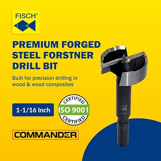 Fisch Black Shark Forged Steel Forstner Drill Bit for Woodworking, Precision Wave Design, Clean Cuts in Hardwoods, MDF, and Plywood, FSA-381051, Made in Austria (1-1/16 inches)