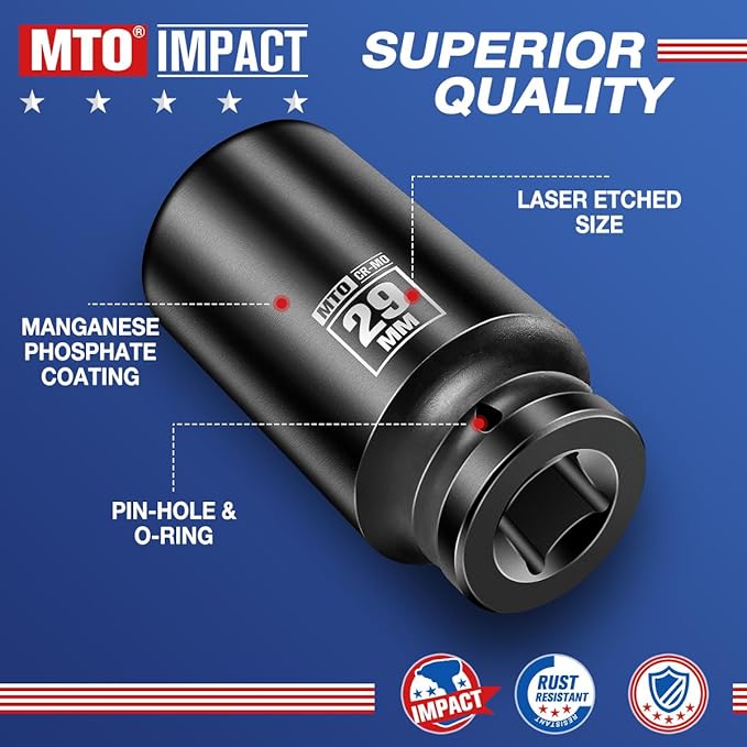 MTO 1/2" Drive 29mm Deep Impact Socket, 6 Pt. Metric Socket, CR-MO Steel & Anti-Corrosion Coating for Heavy-Duty Use