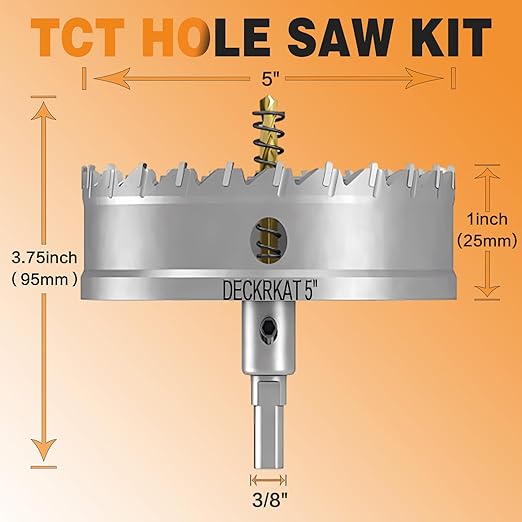 5" TCT Hole Saw for Hard Metal, Heavy Duty 127mm Tungsten Carbide Tipped Hole Cutter with Spring-Loaded Pilot Drill Bit for Stainless Steel, Metal, Iron, and Plastic
