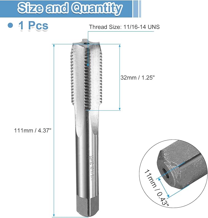 uxcell Hand Bottom Tap 11/16-14 UNS 2B Thread Bottoming Style Threading Taps High Speed Steel HSS6542 Straight Flutes Screw Tapping Tool