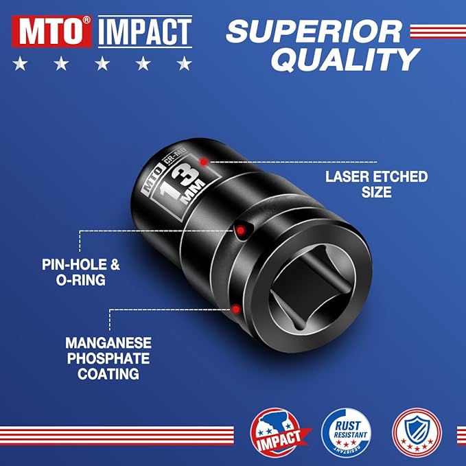 MTO 1/2" Drive 13mm Shallow Impact Socket, 6-Point Metric Socket, CR-MO Steel & Anti-Corrosion Coating for Tight Spaces and Heavy-Duty Tasks