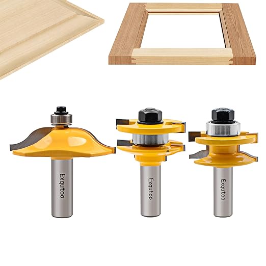 Exqutoo 3PCS 1/2" Shank Router Bit Set, Raised Panel Cabinet Door Making Router Bits, Cemented Carbide Router Bits, Woodworking Tools Router Door & Window Bits (Tenon Joint Cutter Diameter: 1-3/4")