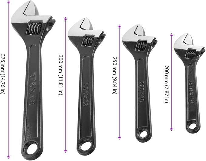 HOIGON Set of 4 Black Adjustable Wrench, 8 10 12 15 Inch Heavy Duty Crescent Wrenches with Wide Jaw and Ergonomic Handle for Machine Maintenance