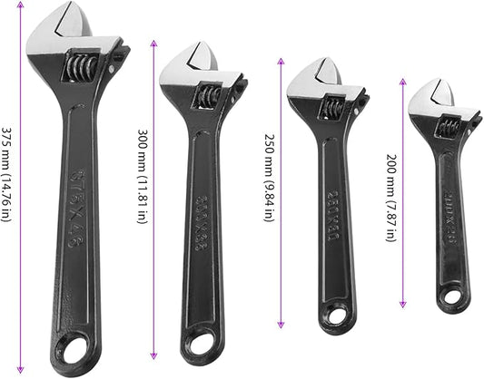 HOIGON Set of 4 Black Adjustable Wrench, 8 10 12 15 Inch Heavy Duty Crescent Wrenches with Wide Jaw and Ergonomic Handle for Machine Maintenance
