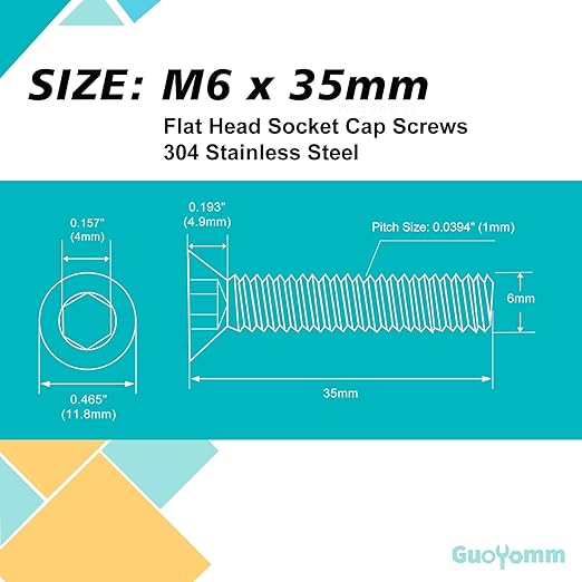 M6-1.0 x 35mm 20PCS Flat Head Hex Socket Cap Screws, Countersunk Bolts, Stainless Steel 304, Metric Allen Hex Drive, Fully Threaded, Bright Finish