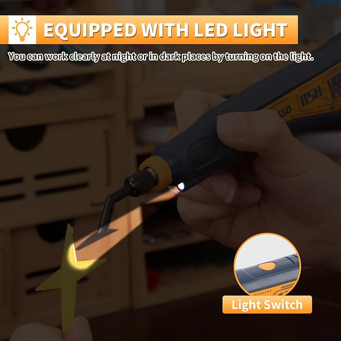 Reciprocating Sander, Variable Speed and USB Charging with LED Light, Pen Sander With 6pcs Sanding Head, Fit for Sanding, Polishing, Finishing, DIY Crafts (Blue)