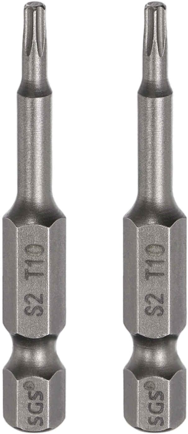 HARFINGTON 2pcs T10 Torx Head Screwdriver Bit 1/4" Hex Shank 2" (50mm) Long Magnetic No Hole Tip Tamper Proof 6 Point Star Screw Driver Drill Bits S2 Steel Industrial Power Screwdrivers