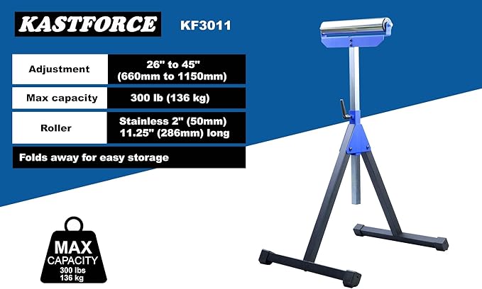 Heavy-Duty Roller Stand with 2 Inch Roller 300 Lbs 136 kg Capacity, Adjustable Miter Saw Extension, Folds Flat for Easy Storage, Galvanized 2 Inch 50mm Stainless Steel Roller KF3011