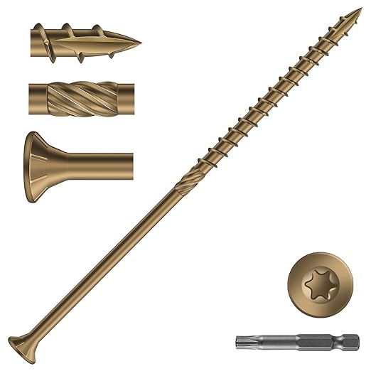 #14 x 8 Inch Deck Screws (17Pcs) 1lb. Carbon Steel, Yellow, Flat Head, Rust Resistant epoxy Coated, with T30 Star Bit