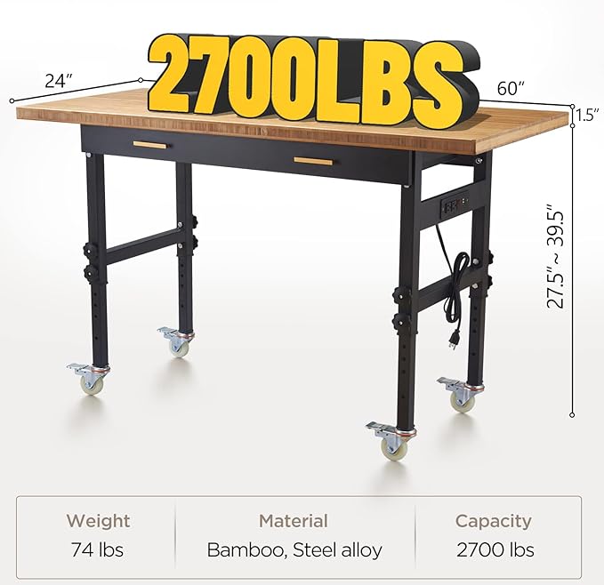 60" Height Adjustable Work Bench Table with Storage, Drawers, Wheels, Power Outlet - Heavy-Duty Garage Work Benches, 2700 LBS Load Capacity Wood Top Workbench for Workshop, Office, Home