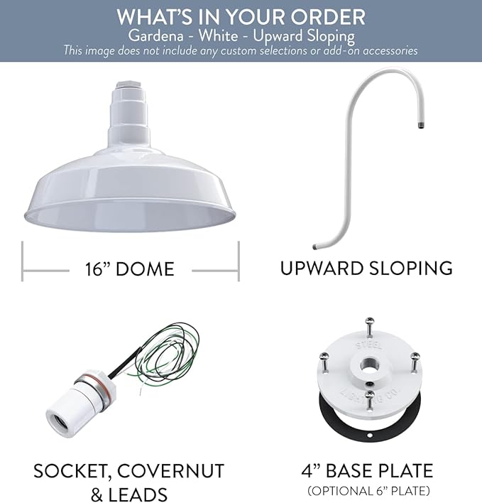 Steel Lighting Co. | Dusk to Dawn | Gardena Barn Light | Outdoor Wall Mounted | 16" Dome | Upslope Gooseneck | Farmhouse Light Made in America | White Exterior/White Interior
