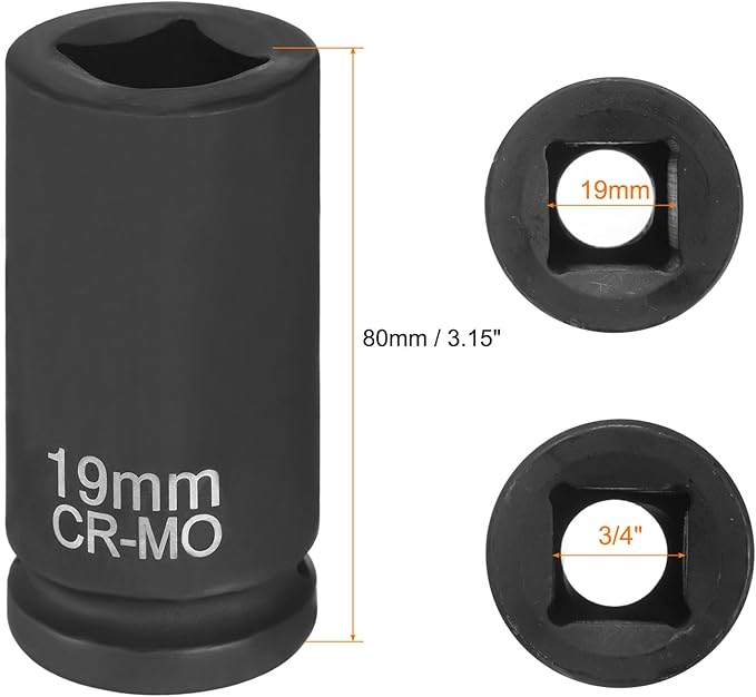 HARFINGTON 4 Point Square Socket 3/4" Drive 19mm Metric Square Impact Socket CR-MO Blackening Standard Wheel Sleeve Pneumatic Sleeve Tool for Auto Repair Mechanical Maintenance Home Use