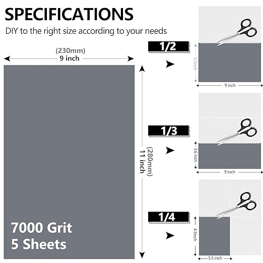 7000 Grit Sandpaper, 9 x 11 Inch Wet Dry Sand Paper Hand Abrasive Sanding Sheets for Wood Metal Automotive Sanding and Polishing, Extra Fine - 5 Sheets