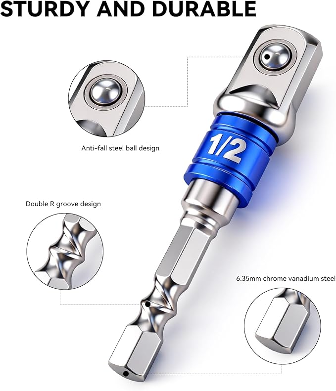 3PCS Hex Shank to Square Heavy Duty Socket Adapter Set, Impact Grade Drill Socket Adapter (1/4", 3/8", 1/2"), Anti-Slip Detent Ball, drill Attachments for Power Drill & Impact Driver