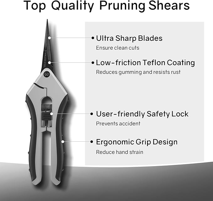 6.5" Ultra Sharp Pruning Shears - Professional Garden Scissors with Curved Stainless Steel Blades, Ergonomic Handle, Rust Resistant, Safety Lock, Trimming Scissors for Plants in Grow Tents,1-Pack