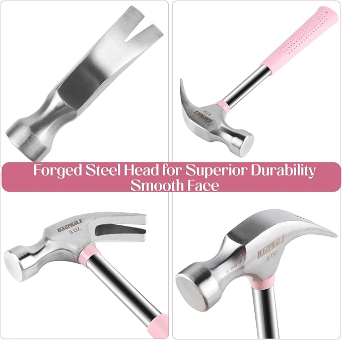8oz Hammer, 2-Piece Small Claw Hammer & Rubber Mallet Hammer Mini Hammer Set(Pink)