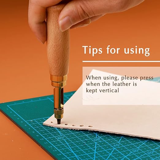 Adjustable Leather Hole Punch Automatic Screw Hole Punch Tool with Wood Color Wooden Handle Bookbinding Tool Leather Hole Punch with 6 Tips Size 1.5mm/2mm/2.5mm/3mm/3.5mm/4mm