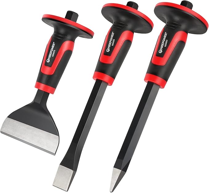 MAXPOWER 3-Piece Masonry Chisels Set, 11" Point Chisel and Flat Chisels, 8" Brick Chisel, with Thick Hand Guard