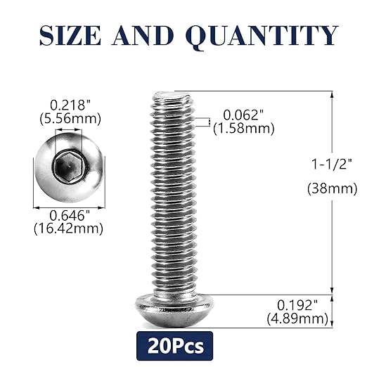 3/8-16 x 1-1/2" Button Head Socket Cap Bolts Screws, 20Pcs 304 Stainless Steel 18-8, Allen Hex Drive, Bright Finish by SG TZH(with Hex Spanner)