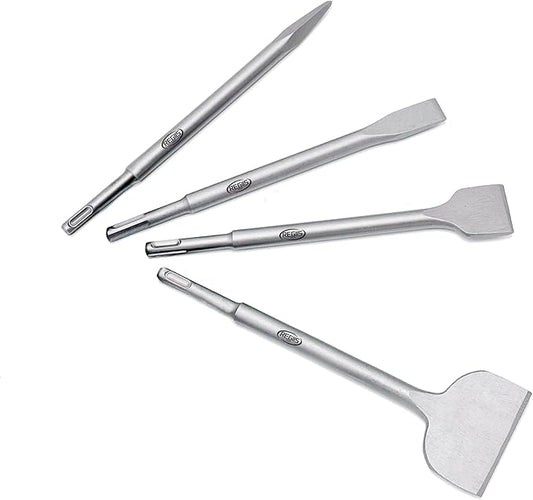 4 pcs SDS Plus Chisel Set, Masonry Concrete Drill Bit Set, Tile Removal Chisel Bits for Rotary Hammer with Point Flat Wide Tile Inclined Grooving Scraping Scaling Chisels