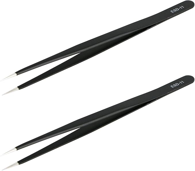 Aoje-Link ESD-11 Professional Anti-Static Precision Technology Tweezers, Non-magnetic Fine Tip Straight, Stainless Steel Plastic Coated, Full Length 142mm, Black, 2pcs