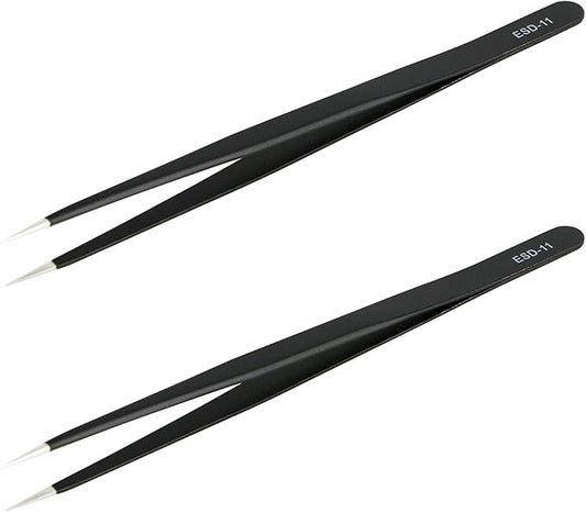Aoje-Link ESD-11 Professional Anti-Static Precision Technology Tweezers, Non-magnetic Fine Tip Straight, Stainless Steel Plastic Coated, Full Length 142mm, Black, 2pcs