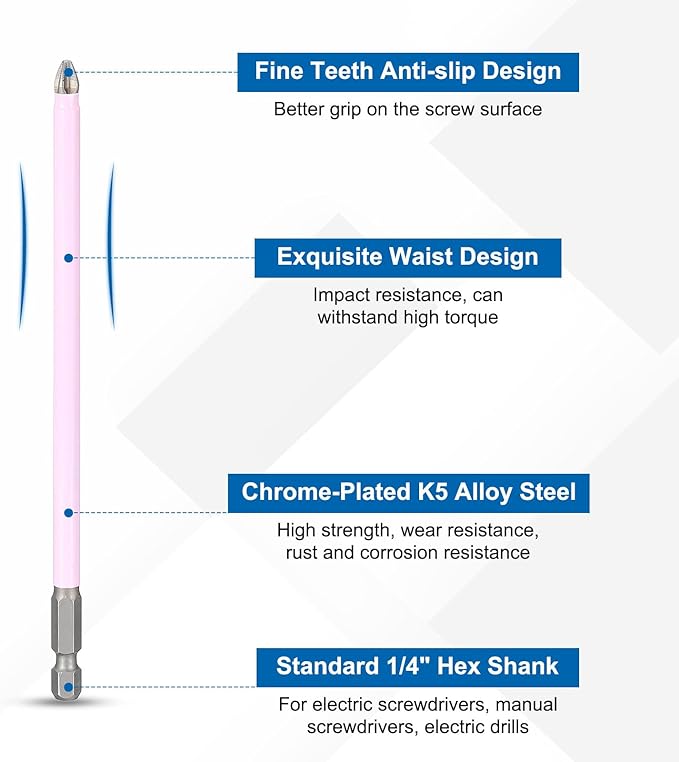 HARFINGTON 2pcs #2 Phillips Impact Screwdriver Bit PH2 1/4" Hex Shank 6" (150mm) Magnetic Anti Slip Cross Head Drill Bits K5 Steel Screw Driver Tool, Pink