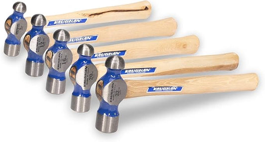 VAUGHAN Hickory Handle Ball Pein Hammers, 5 Piece Set, Made In The USA, Polished Striking Head, VN18710