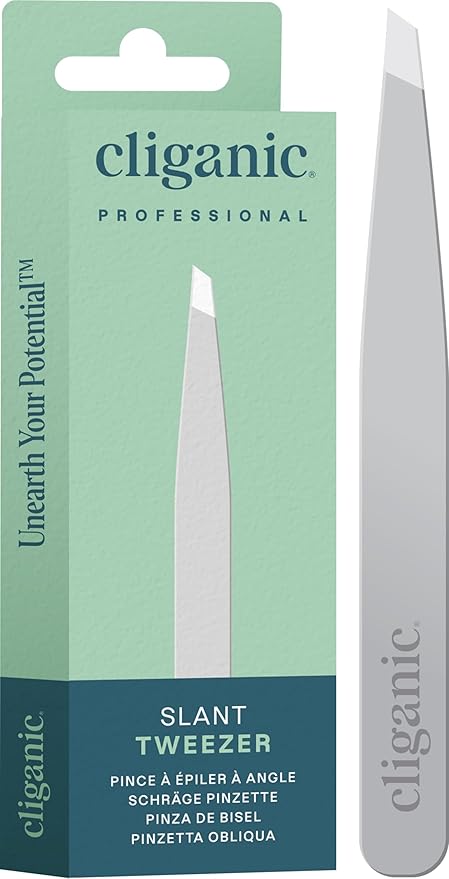 Cliganic Professional Eyebrow Tweezers Slant Tip (Silver) - Precision for Men & Women, Stainless Steel Best for Plucking Chin Facial Hair