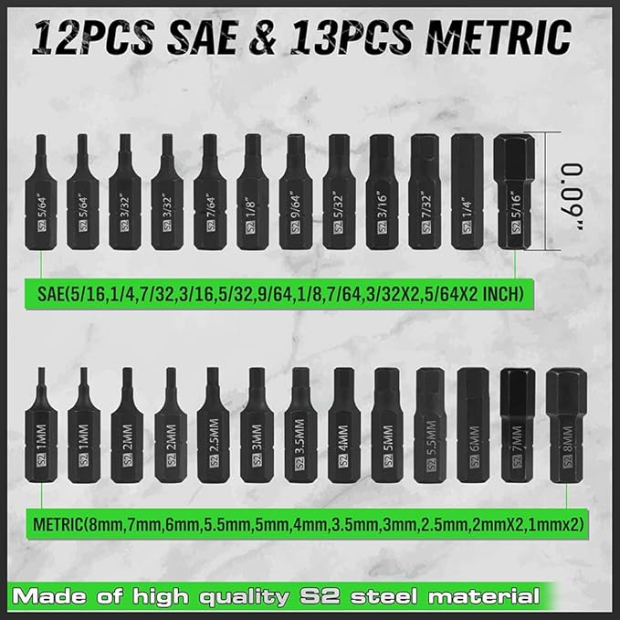 SWANLAKE 26-Piece Hex Head Allen Wrench Drill Bit Set, 1/4Hex Shank Quick Change Bit Holder, Metric and SAE S2 Steel Hex Bits Set