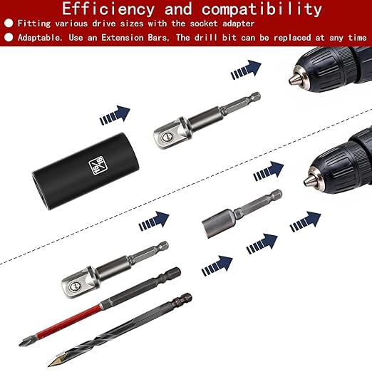 10 Piece Self Centering Drill Bit Set and Screwdriver Head Set with Hex Shank Extension Bars and Hex Shank 1/2" Socket Adapter, Woodworking Drill Bit for Wood and Hinge, Cabinet, DIY Tools Kit