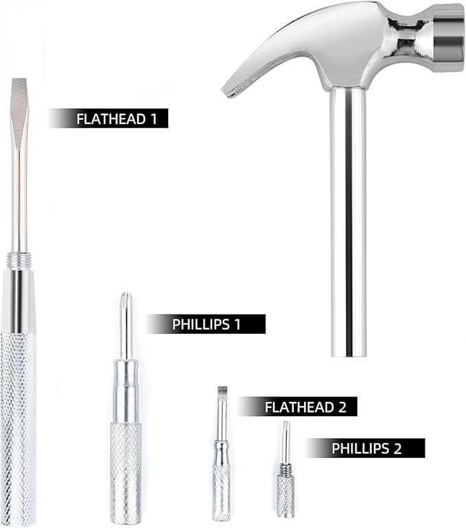 Mini Metal Hammer 6 in 1 with Slotted/Flat Head Phillips Screwdriver Claw Hammer Manual, Portable Multifunction Tool Hammer (Silver)