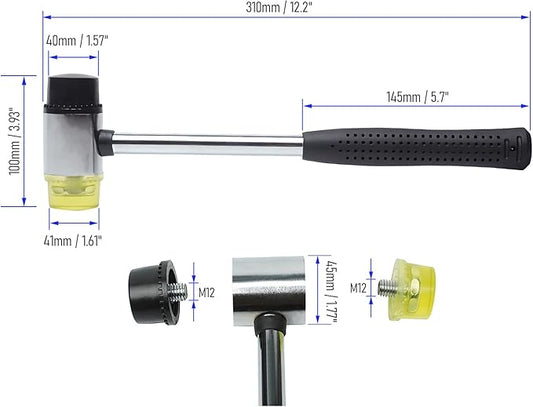 45mm 25oz Double-Faced Rubber Hammer with 4 Soft/Hard Tips Mallet Non-Slip Grip for Leather Crafts, Woodworking and Flooring Installation（Black and Yellow）