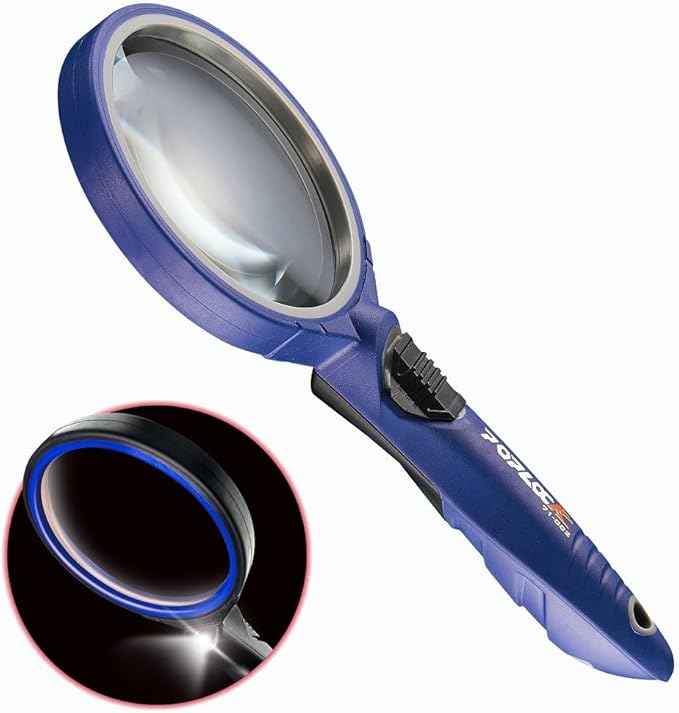 Poplock Magnify Glass with Light, 3X??X Lens, 2-Side Concave Convex, Blue