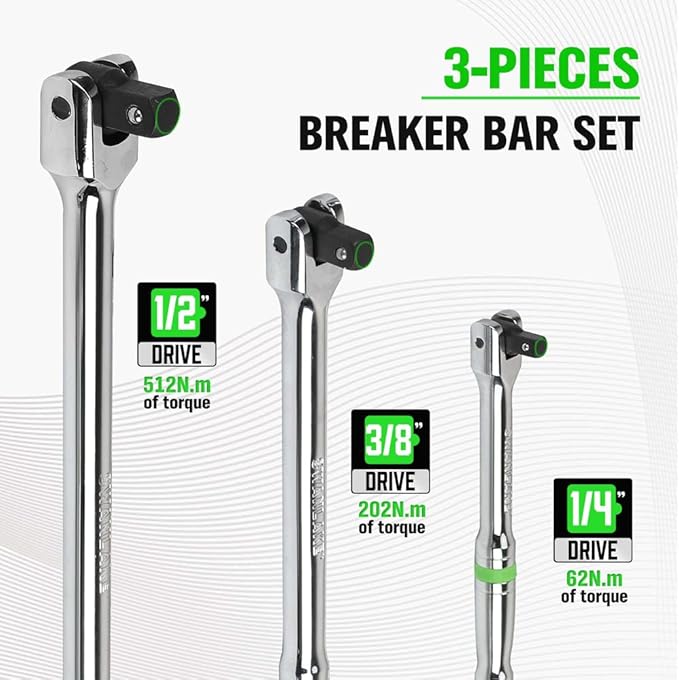 SWANLAKE GARDEN TOOLS 6-Piece Premium Breaker Bar Set, 1/4", 3/8" & 1/2" Drive, Heavy Duty Breaker Bars, 6-inch, 10-inch, 15-inch Length with 180째 Rotatable Head