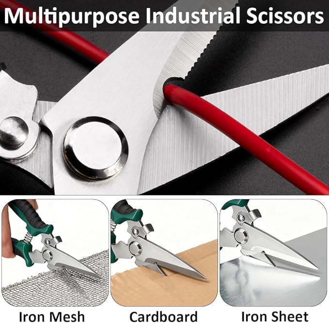 8" Scissors All Purpose, Ultra Sharp Stainless Steel Shears, Heavy Duty Straight Metal Cutter Serrated Edge for Cutting Cardboard, Thin Iron, Wire, Pruning, Gardening (8-In Straight Blades)