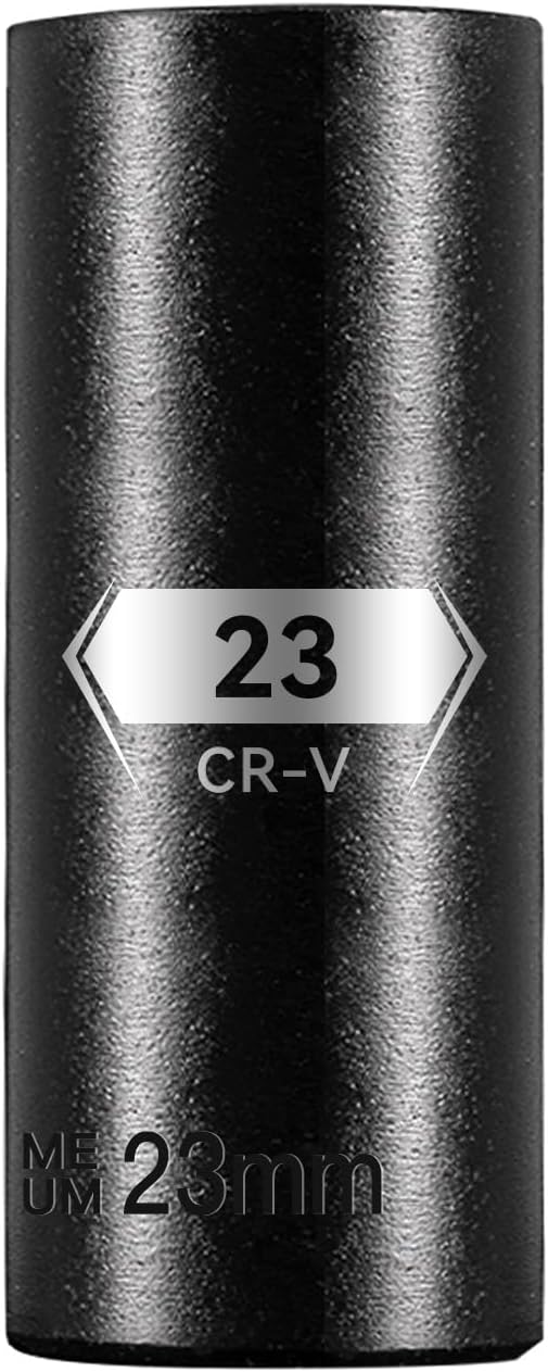 1/2 Inch Drive 6-Point Deep Socket, 23mm Deep Impact Socket, CR-V Steel