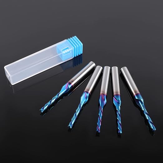 HQMaster Spiral Router Bit Downcut 1/4 Inch Shank Solid Carbide CNC Router Bit with Nano Blue Coating CNC Bits End Mill for Woodwork Mortise Slot Trim, 5 Pack