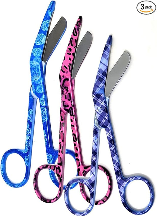 Set of 3 Assorted Pattern Nurse Doctor EMT Lister Bandage Scissors 5.5" (14cm), Stainless Steel, Premium Quality-Ideal Gift (PK4)