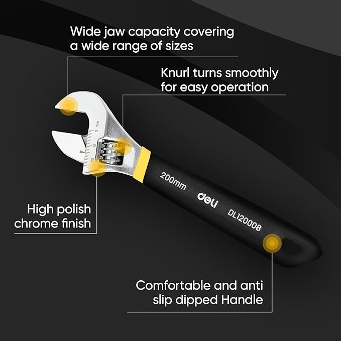 deli 8" Adjustable Wrench Heavy-Duty Chrome Anti-Slip Grip, Smooth-Jaw, Cr-V Steel, Wide Opening for Plumbing & DIY