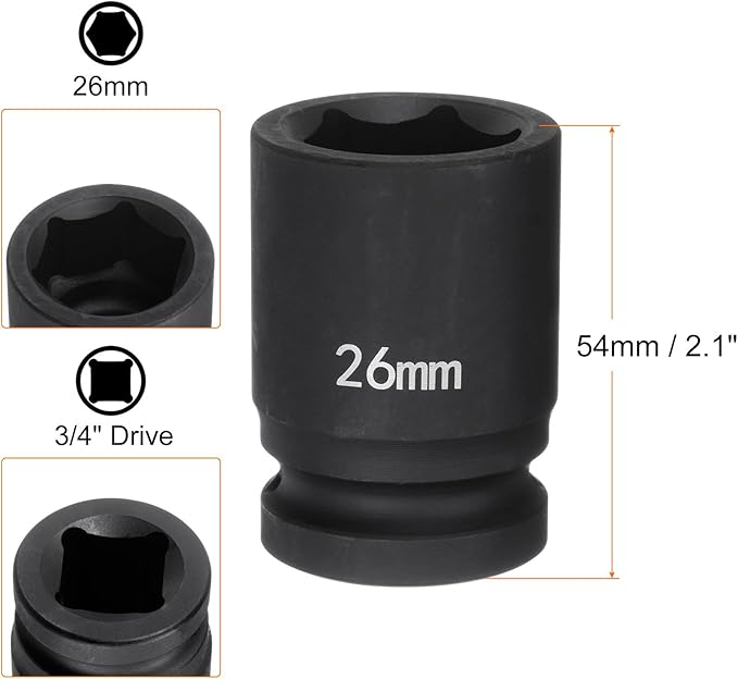 HARFINGTON 6-Point Impact Socket 3/4" Drive 26mm Metric 40Cr Alloy Steel Spindle Axle Nut Impact Socket
