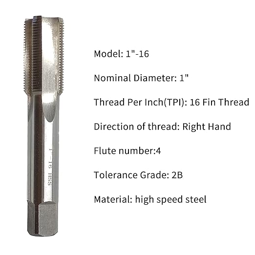 Lzcdelyxiao 1"-16 Tap UNC Right Hand Straight Flute Thread Tap Machine Tap 1"-16 TPI Nominal Diameter 1" Thread Per Inch 16 Fin Thread Tolerance Grade 2B Tapping Thread High Speed Steel HSS
